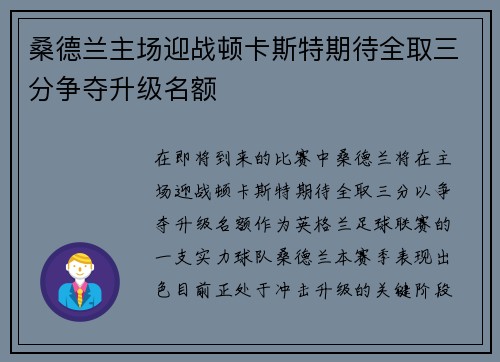 桑德兰主场迎战顿卡斯特期待全取三分争夺升级名额