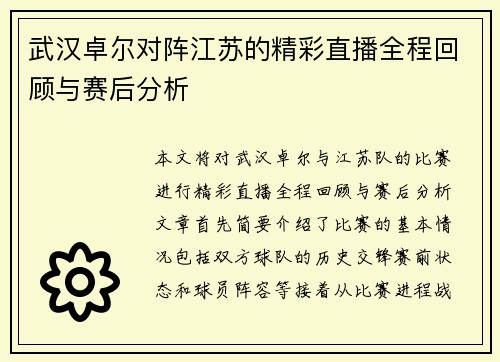 武汉卓尔对阵江苏的精彩直播全程回顾与赛后分析