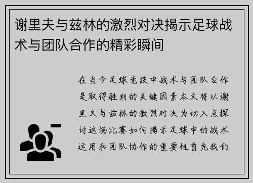 谢里夫与兹林的激烈对决揭示足球战术与团队合作的精彩瞬间