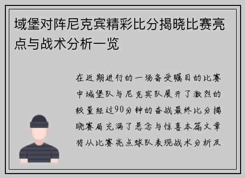 域堡对阵尼克宾精彩比分揭晓比赛亮点与战术分析一览