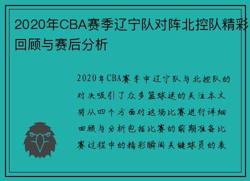 2020年CBA赛季辽宁队对阵北控队精彩回顾与赛后分析