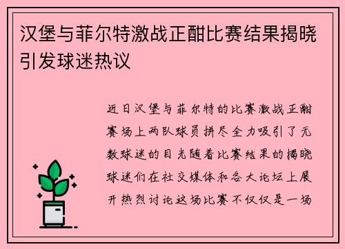 汉堡与菲尔特激战正酣比赛结果揭晓引发球迷热议