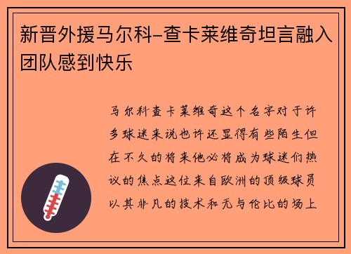 新晋外援马尔科-查卡莱维奇坦言融入团队感到快乐