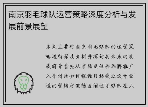 南京羽毛球队运营策略深度分析与发展前景展望