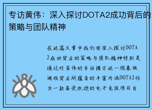 专访黄伟：深入探讨DOTA2成功背后的策略与团队精神